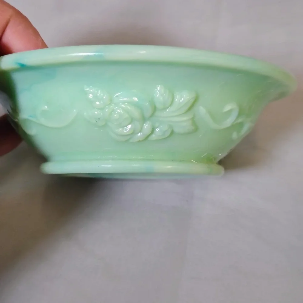 Avon Vintage Green Teal Slag Glass Roses Mini Pitcher and Bowl Basin‎ Set